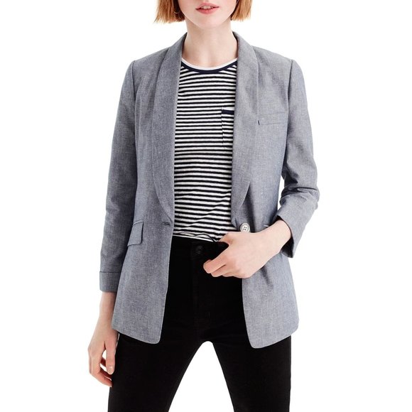 J. Crew Unstructured Shawl Collar Linen/Cotton Blend Blue Chambray Blazer - 2P - Picture 2 of 14